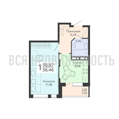 1-комнатная квартира, 38.46кв.м - изображение