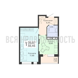 1-комнатная квартира, 38.46кв.м - изображение 1