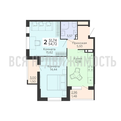 2-комнатная квартира, 54.72кв.м - изображение
