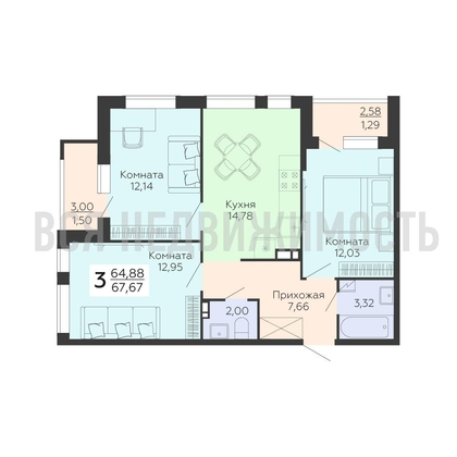3-комнатная квартира, 67.67кв.м - изображение