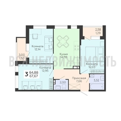 3-комнатная квартира, 67.67кв.м - изображение 1