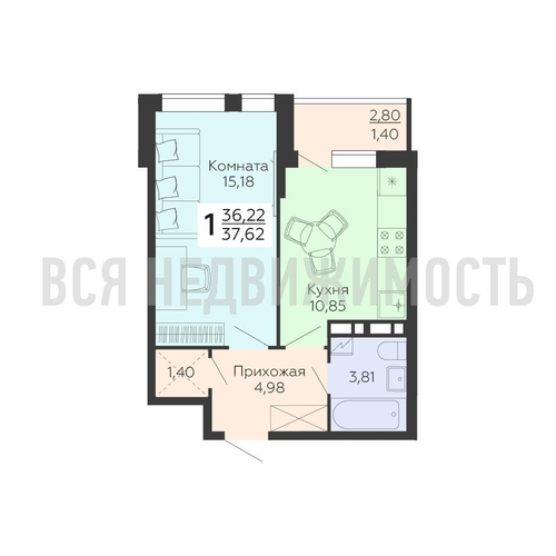 1-комнатная квартира, 37.62кв.м - изображение 0