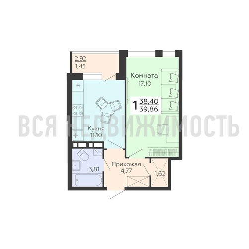 1-комнатная квартира, 39.86кв.м - изображение 0