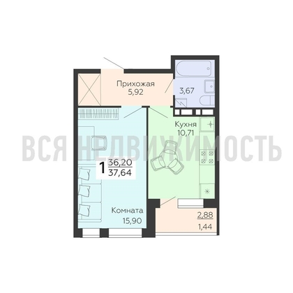 1-комнатная квартира, 37.64кв.м - изображение
