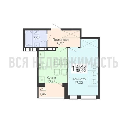 1-комнатная квартира, 38.92кв.м - изображение