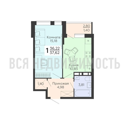 1-комнатная квартира, 37.62кв.м - изображение