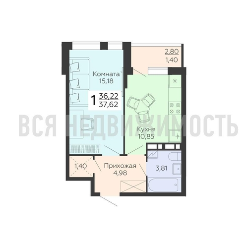 1-комнатная квартира, 37.62кв.м - изображение 0