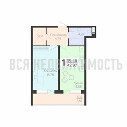 1-комнатная квартира, 42.97кв.м - изображение 1