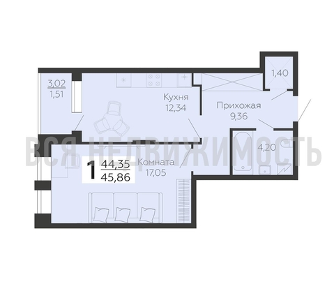 1-комнатная квартира, 45.86кв.м - изображение