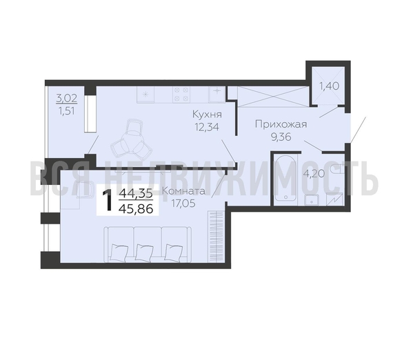 1-комнатная квартира, 45.86кв.м - изображение 0