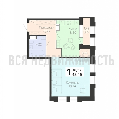 1-комнатная квартира, 43.46кв.м - изображение