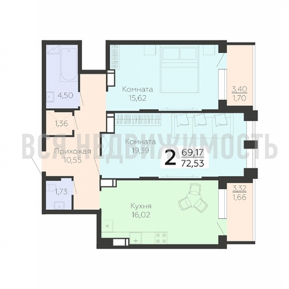 2-комнатная квартира, 72.53кв.м - изображение