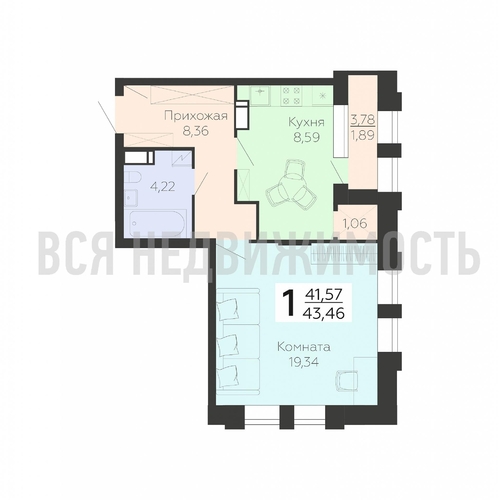 1-комнатная квартира, 43.46кв.м - изображение 0
