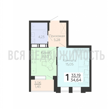 1-комнатная квартира, 34.64кв.м - изображение