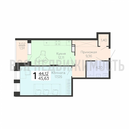 1-комнатная квартира, 45.63кв.м - изображение