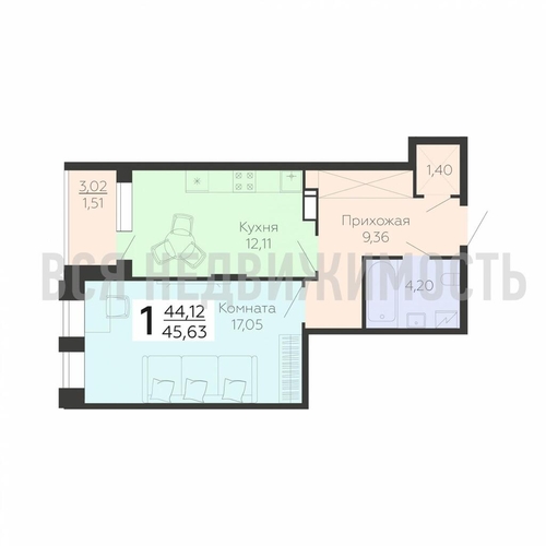 1-комнатная квартира, 45.63кв.м - изображение 0