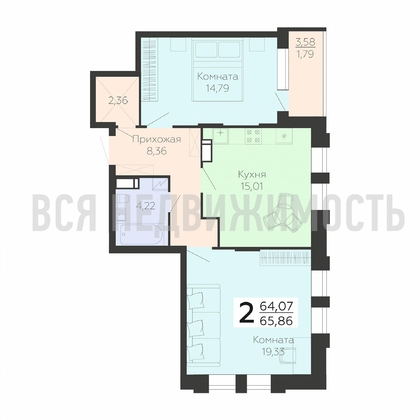 2-комнатная квартира, 65.86кв.м - изображение