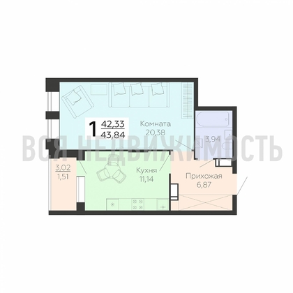 1-комнатная квартира, 43.84кв.м - изображение