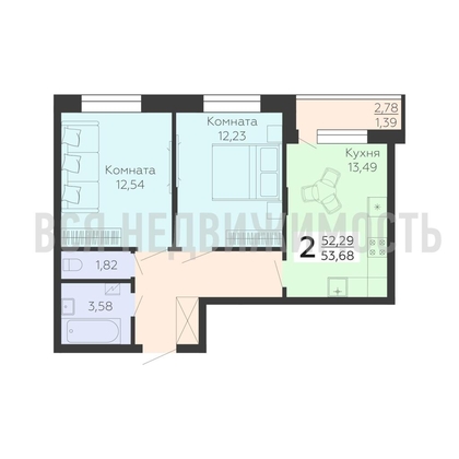 2-комнатная квартира, 53.68кв.м - изображение