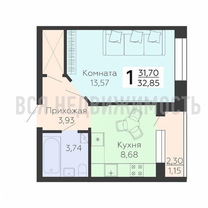 1-комнатная квартира, 32.85кв.м - изображение