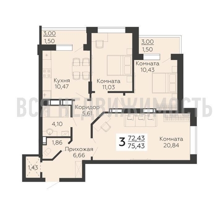 3-комнатная квартира, 75.43кв.м - изображение