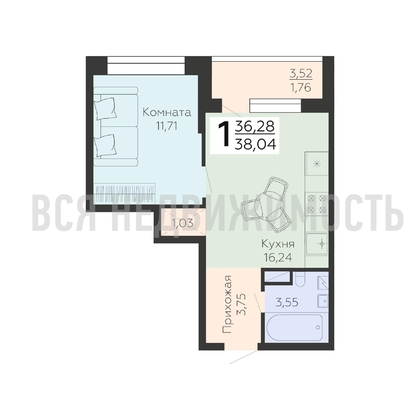 1-комнатная квартира, 38.04кв.м - изображение