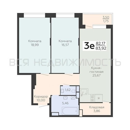 2-комнатная квартира, 83.92кв.м - изображение