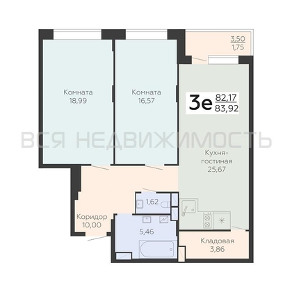 2-комнатная квартира, 83.92кв.м - изображение