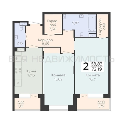 2-комнатная квартира, 72.19кв.м - изображение