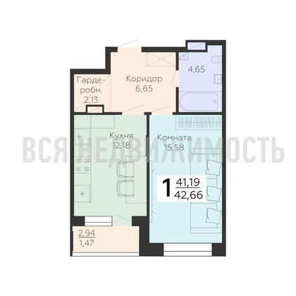 1-комнатная квартира, 42.66кв.м - изображение