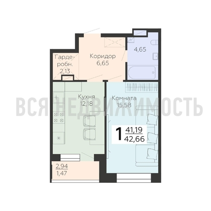 1-комнатная квартира, 42.66кв.м - изображение