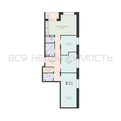 3-комнатная квартира, 92.02кв.м - изображение