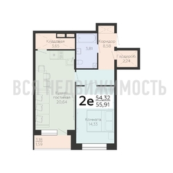 1-комнатная квартира, 55.91кв.м - изображение 1