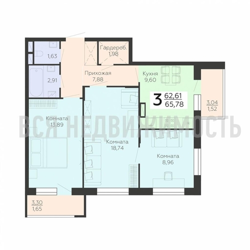 3-комнатная квартира, 65.78кв.м - изображение 0