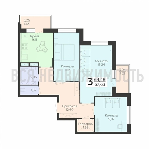 3-комнатная квартира, 67.63кв.м - изображение 0
