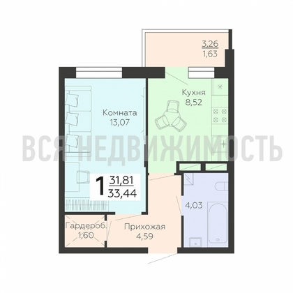 1-комнатная квартира, 33.44кв.м - изображение