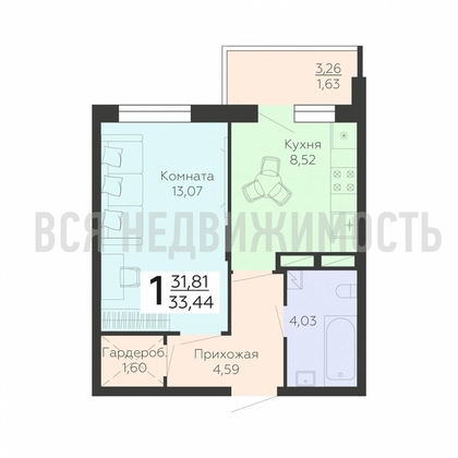 1-комнатная квартира, 33.44кв.м - изображение