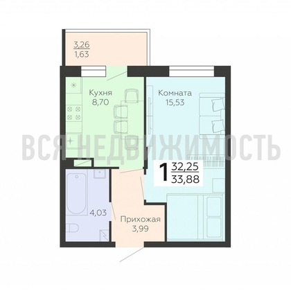 1-комнатная квартира, 33.88кв.м - изображение