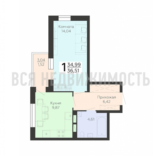 1-комнатная квартира, 36.51кв.м - изображение 0