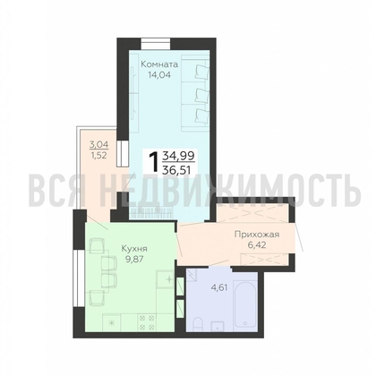 1-комнатная квартира, 36.51кв.м - изображение