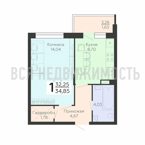 1-комнатная квартира, 34.85кв.м - изображение 1