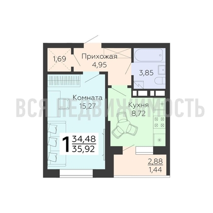 1-комнатная квартира, 35.92кв.м - изображение