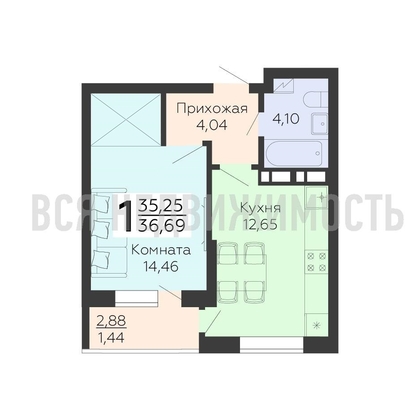 1-комнатная квартира, 36.69кв.м - изображение