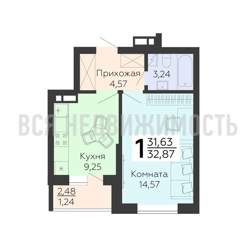 1-комнатная квартира, 32.87кв.м - изображение 0