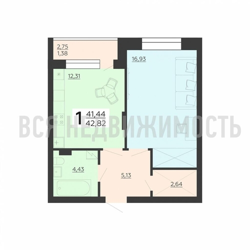 1-комнатная квартира, 42.82кв.м - изображение 0