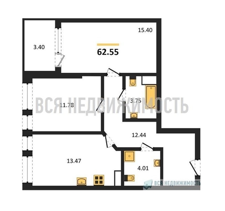 2-комнатная квартира, 62.55кв.м - изображение