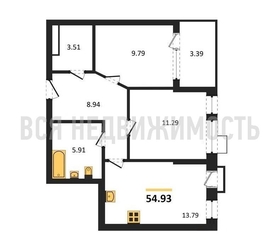 2-комнатная квартира, 54.93кв.м 2-комнатная квартира, 54.93кв.м - изображение 1