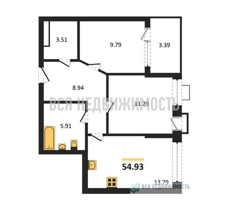 2-комнатная квартира, 54.93кв.м - изображение