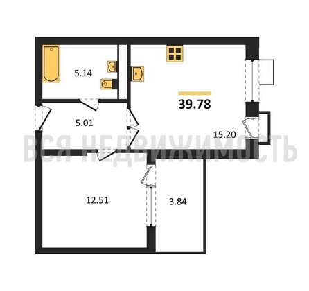 1-комнатная квартира, 39.78кв.м - изображение