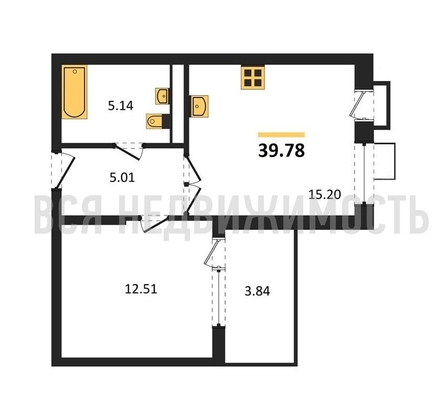 1-комнатная квартира, 39.78кв.м - изображение